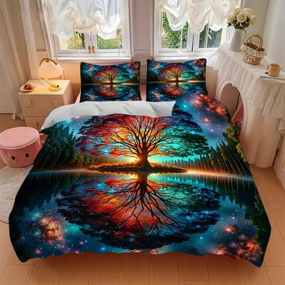 3pcs The Enchanted Tree In a Dreamlike Forest Pattern Bedding Set, 1* Cover + 2*Pillowcases, Printed Bedding Set, Soft and Comfortable, Suitable
