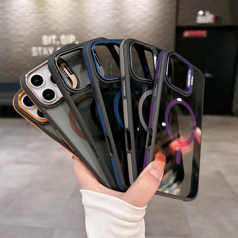 KEYSION Transparent Magnetic Lens Stand Case for MagSafe for iPhone 14 15 16 Pro Max 16 Plus Color Blocking Shockproof Phone Cover