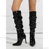 Fashion Pleated Women Knee High Heels Boots Pointed Toe Square Heels Ladies Footwear White Black Sexy Versatile Female Shoes