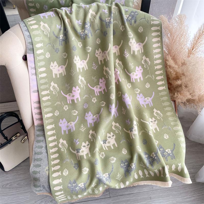 Warm Cashmere Poncho Shawl Scarf Luxury Cat Print Thick Pashmina Winter Blanket Wraps Bufanda Casual Stoles Echarpe