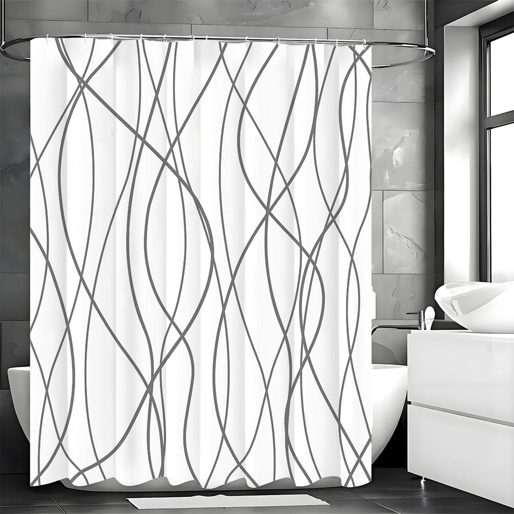 Abstract White and Gray Striped Shower Curtain, Bathroom Decorative Shower Curtain, Waterproof Shower Curtain with Hooks