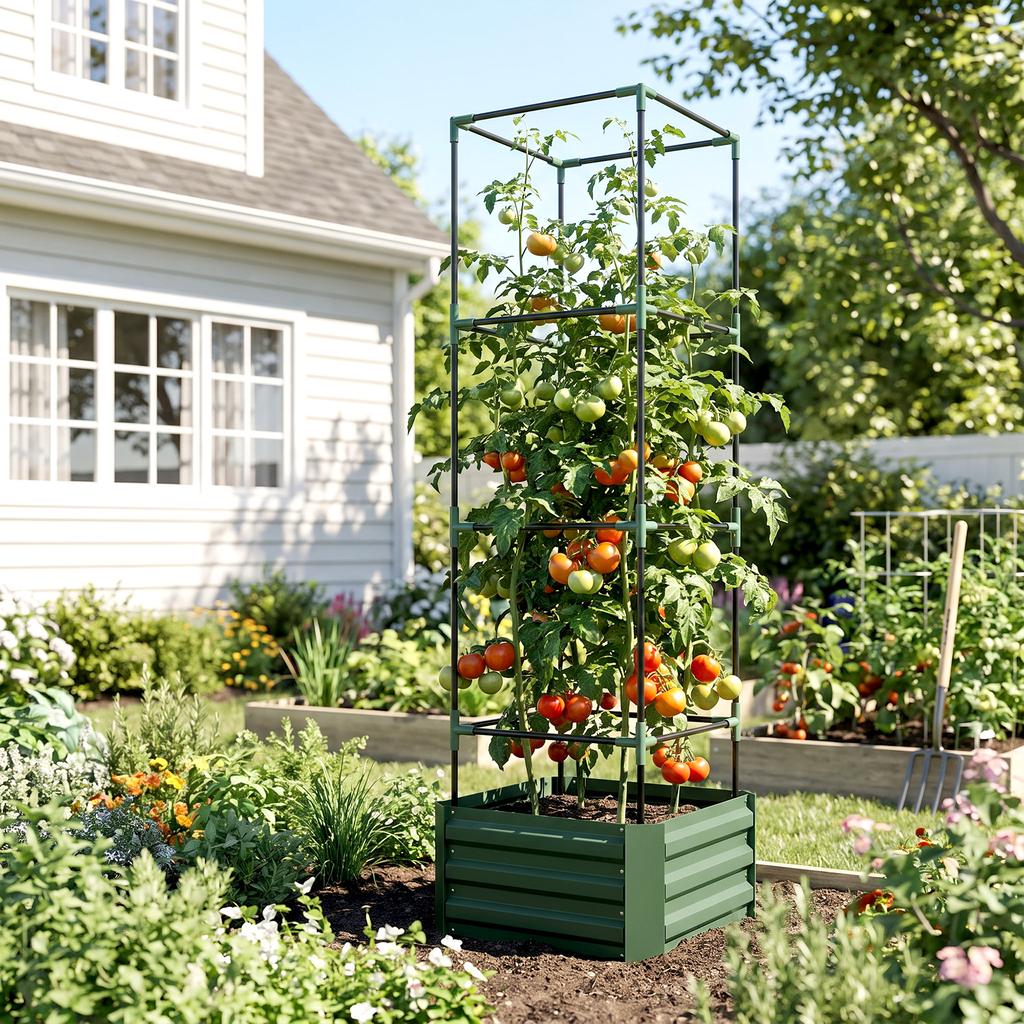 Planter with Adjustable Trellis, Flower Box, Tomato Cage, Galvanized Steel, 61 x 61 x 187 cm, Green