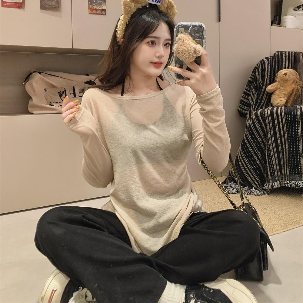 2025 spring Summer V-neck Sunscreen Thin Lazy Loose Long Sleeve T-shirts casual loose solid perspective Front and Back Double Top for Women t shirt