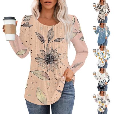 Women's Fashion Casual Pleated Round Neck Vintage Floral Print Long Sleeve T-Shirt Top