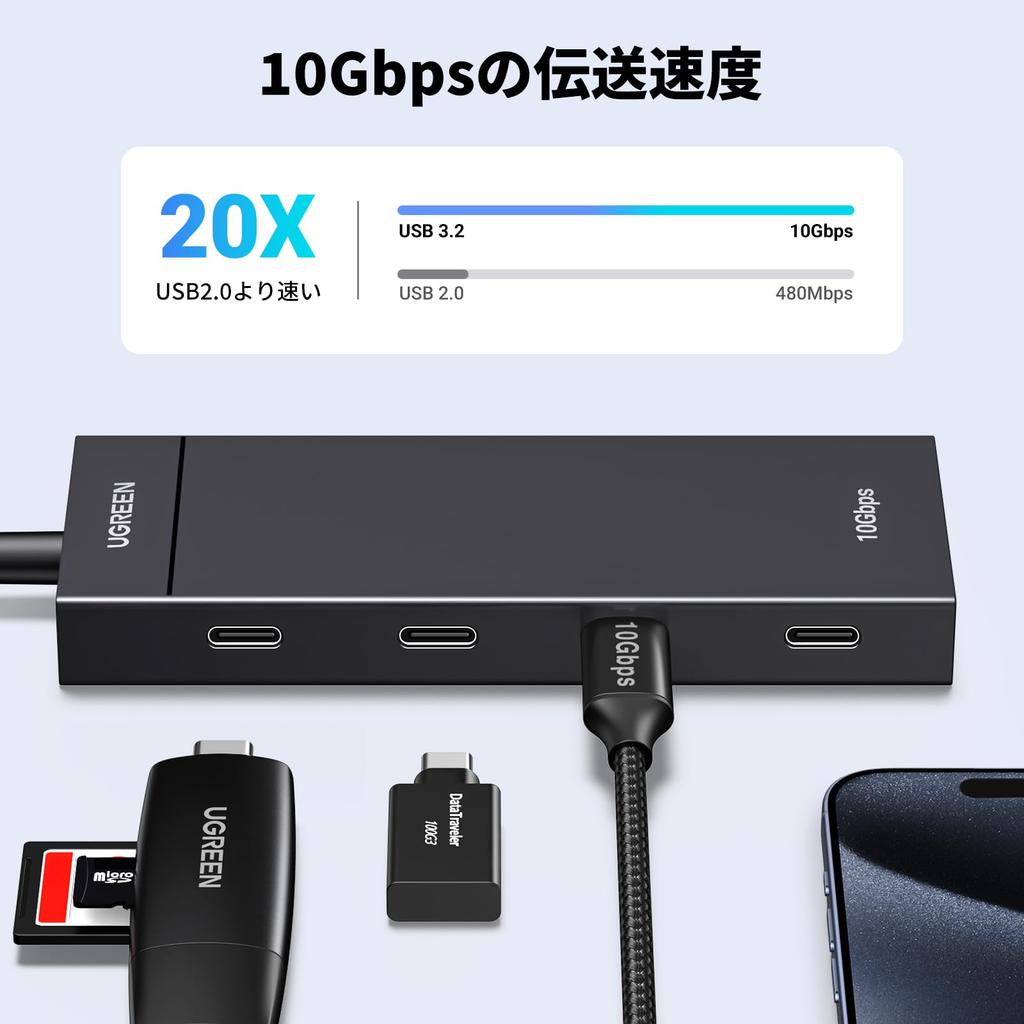 UGREEN 4x To USB Gen 2 10Gbps Data Expansion Compatible with MacBook iPad iPhone Galaxy and More USB-C Hub, 4-Port USB-C 3.2 High-Speed Transfer,