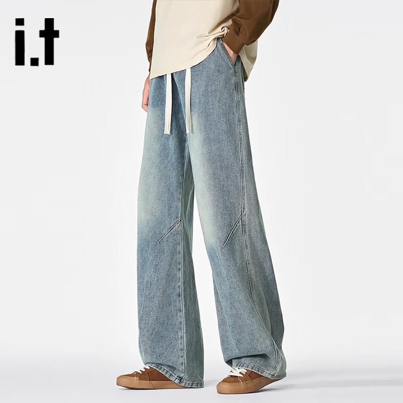 Izzue Men's American Retro Loose Fit Straight Wide-Leg Jeans