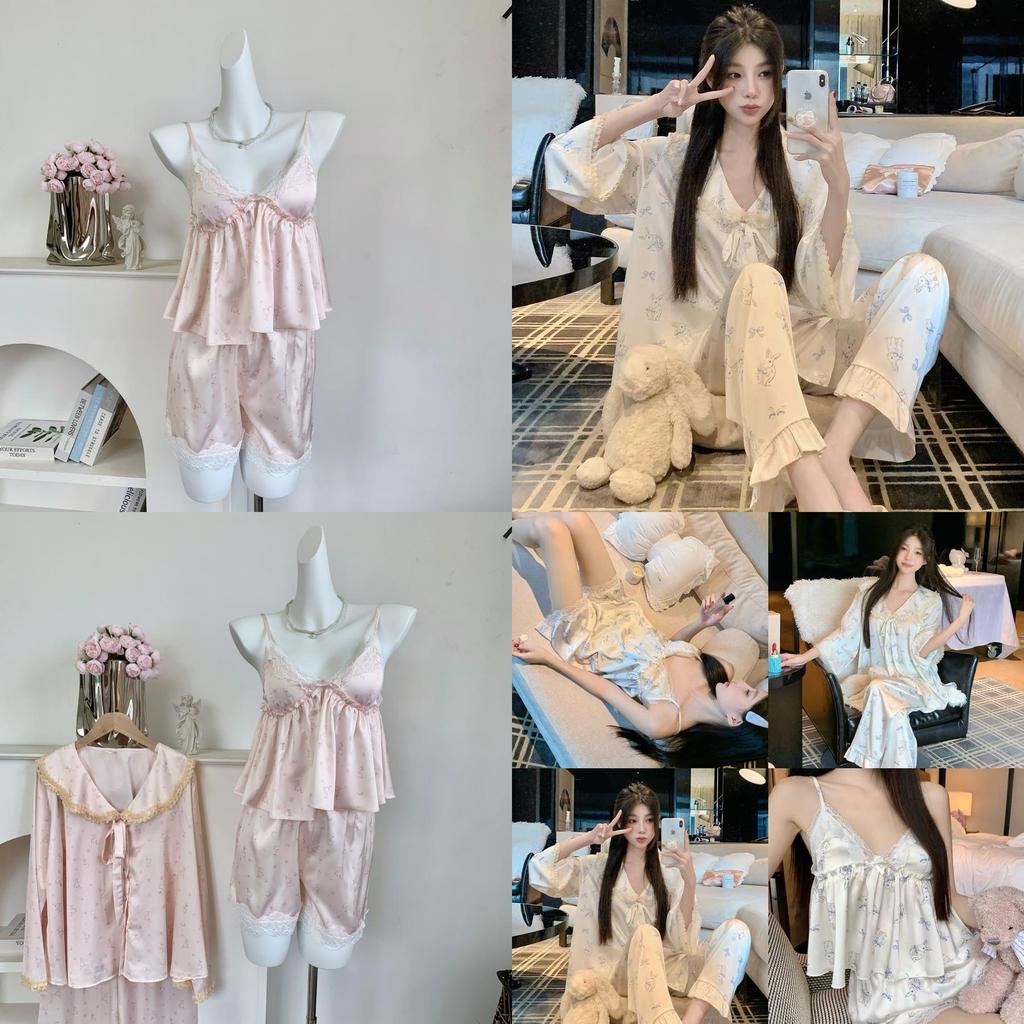 Ice Snow Silk Bunny Collar Pajamas Set With Lace Trim For Girls Home Wear