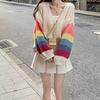 Regenbogen gestreifter Strick-Cardigan für Damen Teenager Gemütlich Weich Mohair Knopfleiste Pullover Jacke Winter Herbst Y2K Outfit