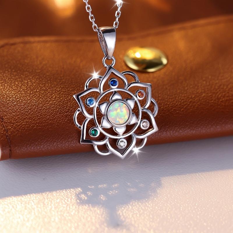 925 Sterling Silver Lotus Necklace Opal Pendant Yoga Lotus Jewelry for Women