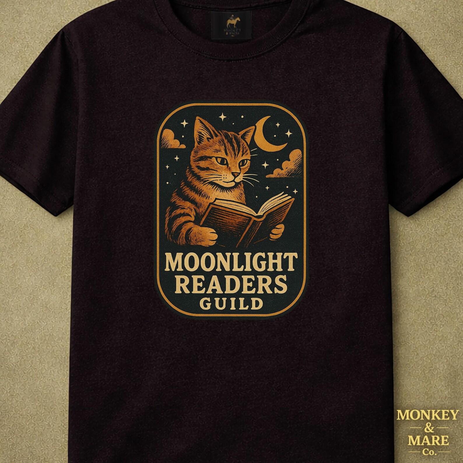 Cat Reading Shirt, Moonlight Readers Guild, Cozy Book Club Night Reading Tee M