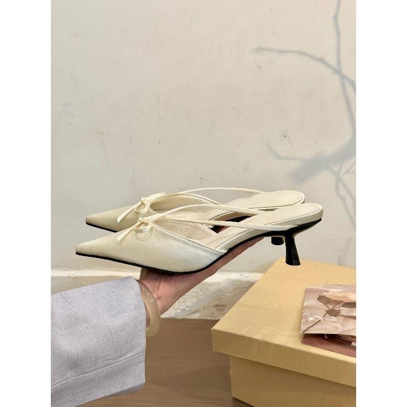 Pink! Temperament Pointed Head Satin Bow Bag Head Half Slippers Women's Spring One-pedal Single Shoes