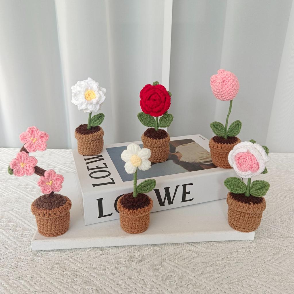 Sunflower Crochet Flowers Hand-knitted Flower Potted Rose Tulip Woven Bouquets Wedding Birthday Valentine's Day Gift Room Decor