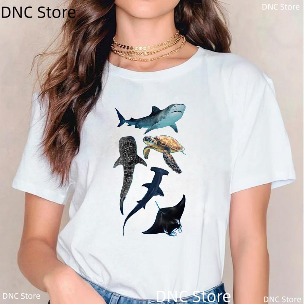 New Women Shark T Shirt Watercolor Shark Shirts,Manta Ray, Marine Creatures, Whale Print Tshirt,Summer Beach Vacation Tshirt Top