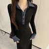 Women's Patchwork Polo Collar Knit Dress Autumn Winter Long Sleeve Slim Fit A-Line Maxi Dress