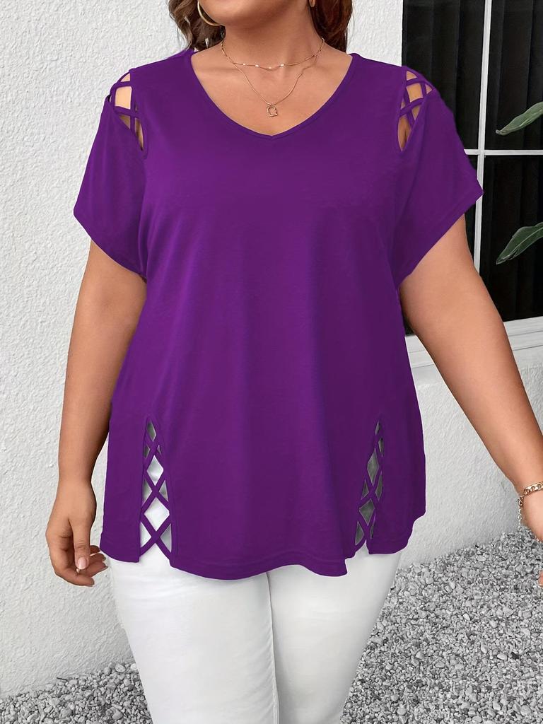 2026 Plus Size V-Neck Cross Strap Hollow Short Sleeve Women's T-shirt