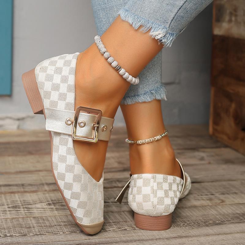 fashion Elegant Plaid Pattern Mary Jane Shoes for Women Metal Buckle Ankle Strap Pumps Woman Comfort Low Heels Single Shoes Plus Size