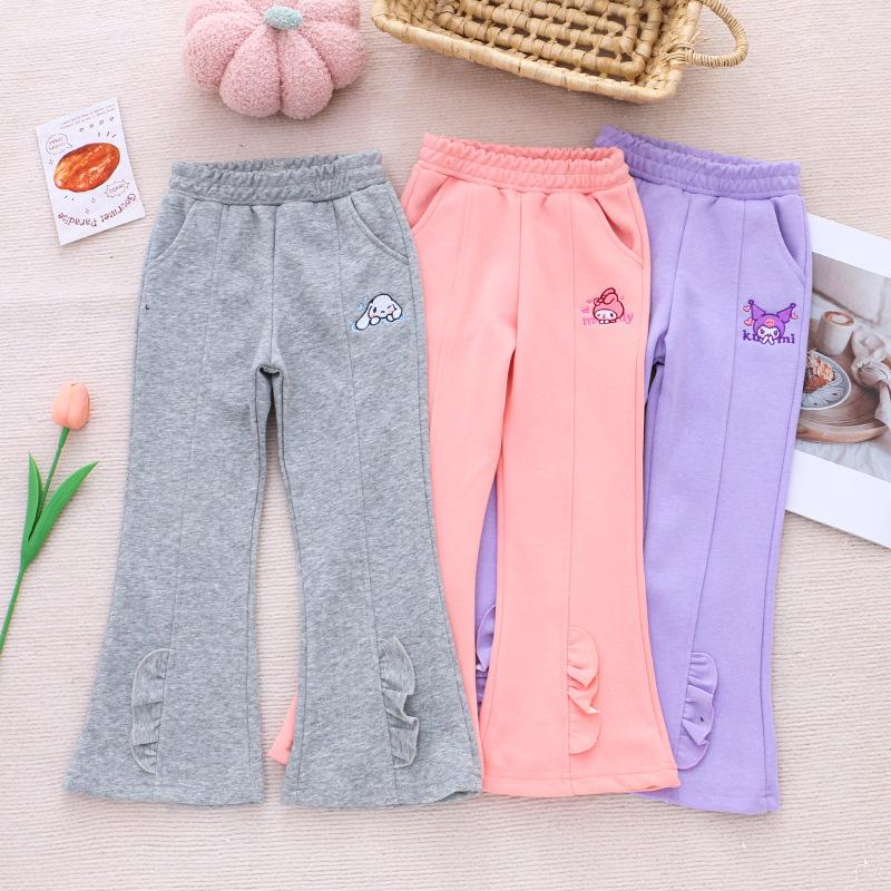 Girls Autumn Flared Casual Pants with Cartoon Print Trendy Sweatpants