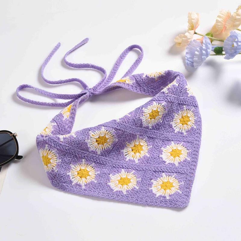 French Pastoral Style Triangle Headband Handmade Crochet Flower Headscarf Hat Knitted Girls Headband Towel