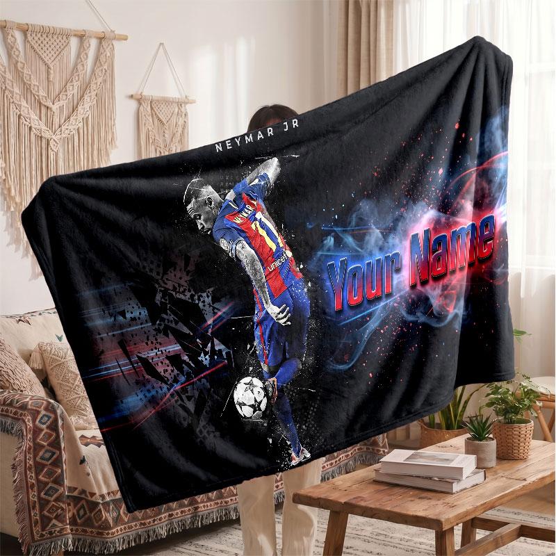 Couverture polaire personnalisée Kylian Mbappe avec logo de football, texte de nom personnalisé, couverture jetée douce et chaude pour la maison
