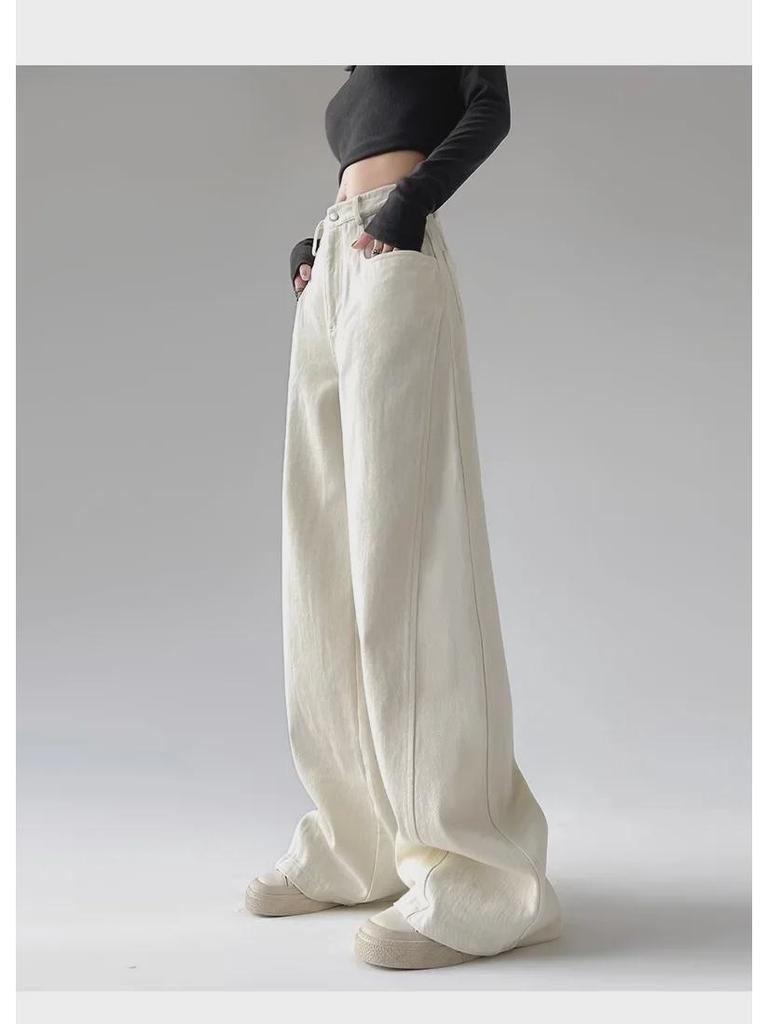 Women's White High-Waisted Wide-Leg Jeans: Autumn/Winter Retro American Style Loose Fit.