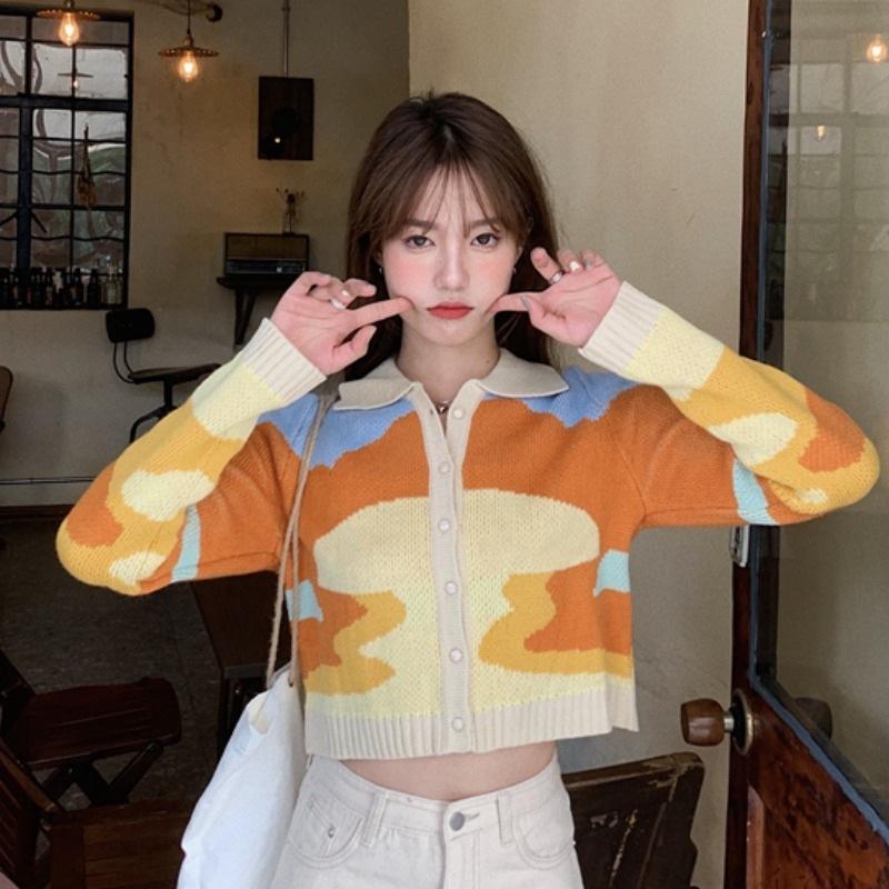Women's Sweater Spring and Autumn New Polo Collar Short Knitted Cardigan