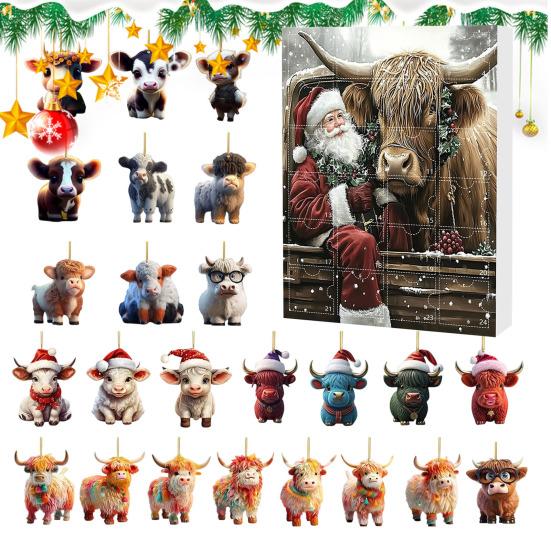 Ozdoby Krávy z Vysočiny Adventní kalendář 2025 24 dní Vánoční odpočítávací kalendář s ozdobou kreslených krav pro výzdobu vánočního stromku