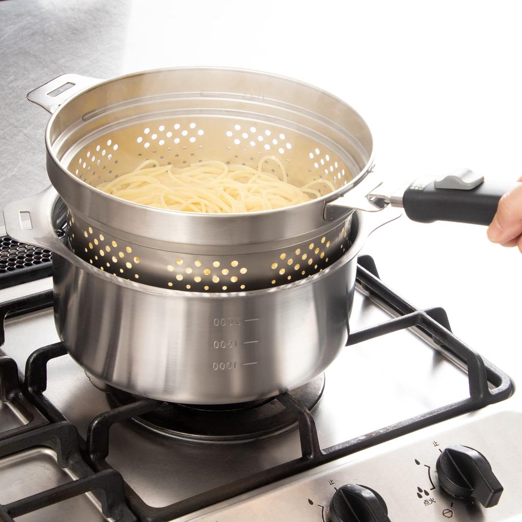Wahei Freiz Japanese-made Tsubame-Sanjo 4-piece Pot Set with Detachable Handles, Steamer, Colander, Stainless Steel, IH Compatible, EM-033