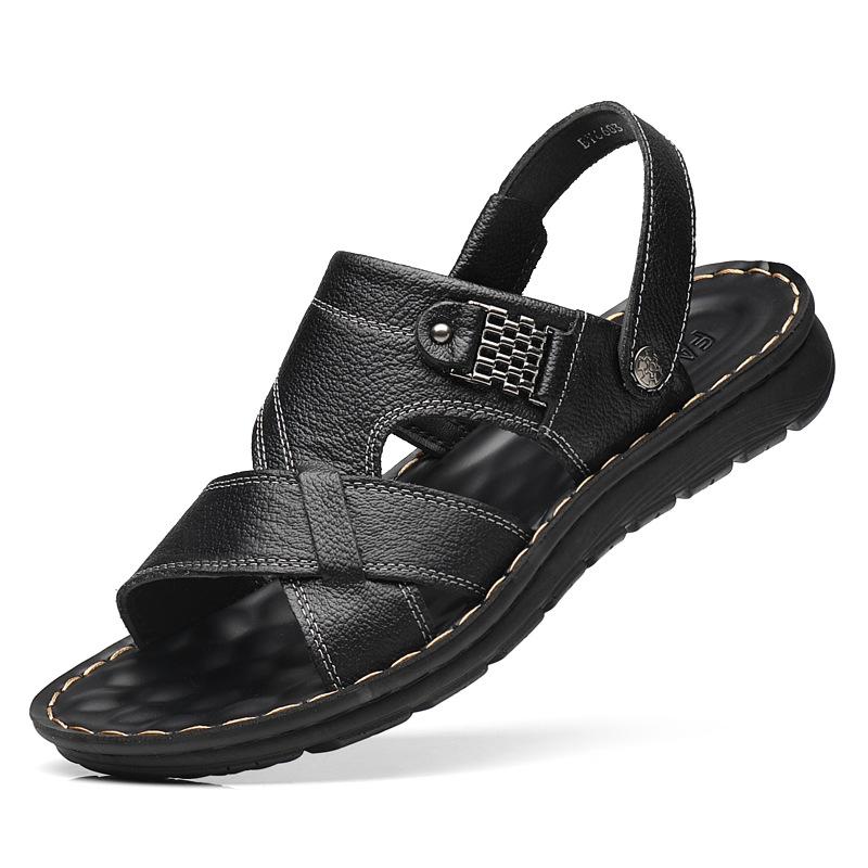 

Мужские сандалии из коровьей кожи, дышащие, с мягкой подошвой и мягкой поверхностью, на одной педали, двойного назначения, крутые тапочки для улицы, повседневная пляжная обувь 2025 38 чёрный