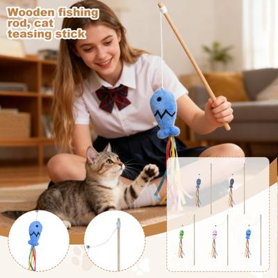 Fishing Rod Wooden Rod Cats Teaser Mint Colorful Fish Cats Toy Long Rod Cats Self-Entertainment And Boredom-Relieving Toy