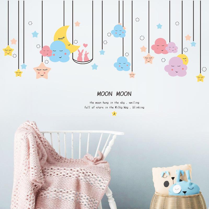 Cartoon Moon Clouds Stars Wall Stickers for Kids Room Decor Nursery Living Room Bedroom Background Vinyl Decals