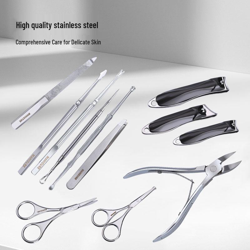 German Precision 12-Piece Stainless Steel Nail Clipper & Manicure Set - High-Quality Grey Glossy Finish