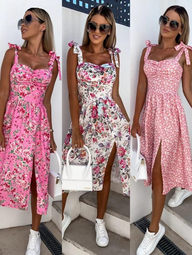 2022 Spaghetti Strap Waist-Cinching Slit Dress for Women