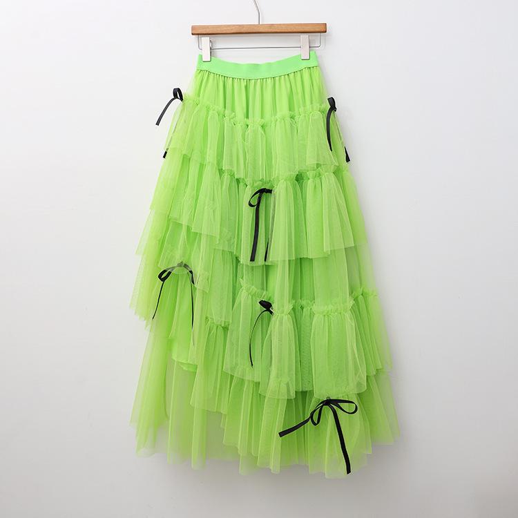 Women s Sweet Bow Mesh Skirt with Irregular Hem Design One Size зелёный