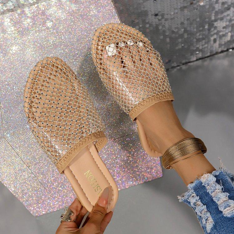 Large Size Low-heeled Fishnet Socks Slippers Women's Year New European and American Style Independent Station Popular Rhinestone Sandals Women