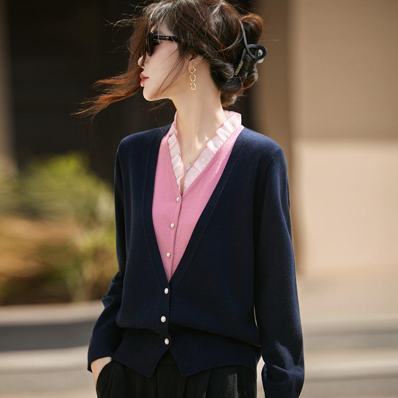 Women's V-Neck Loose Knit Cardigan Sweater - Plus Size Long Sleeve Top.