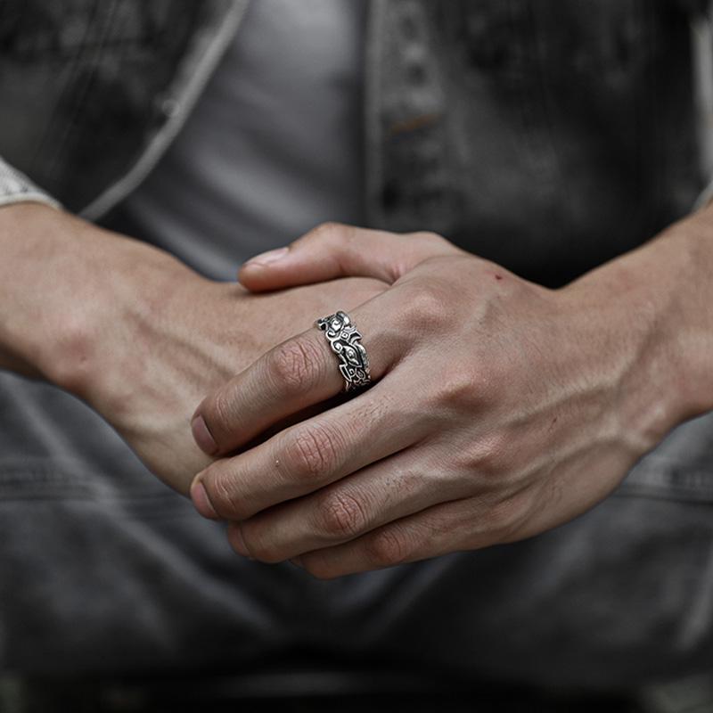 Retro Taotie Chinese Mythology Ring For Men Punk Gothic Rock Hiphop Open Ring Handmade Designer Zircon Accessories Unisex Gift
