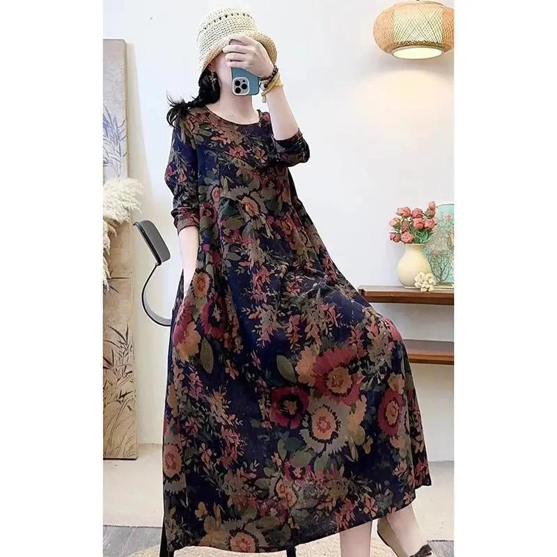 

Womens Vintage Floral Print Long Sleeve Maxi Dress M темно-синього кольору