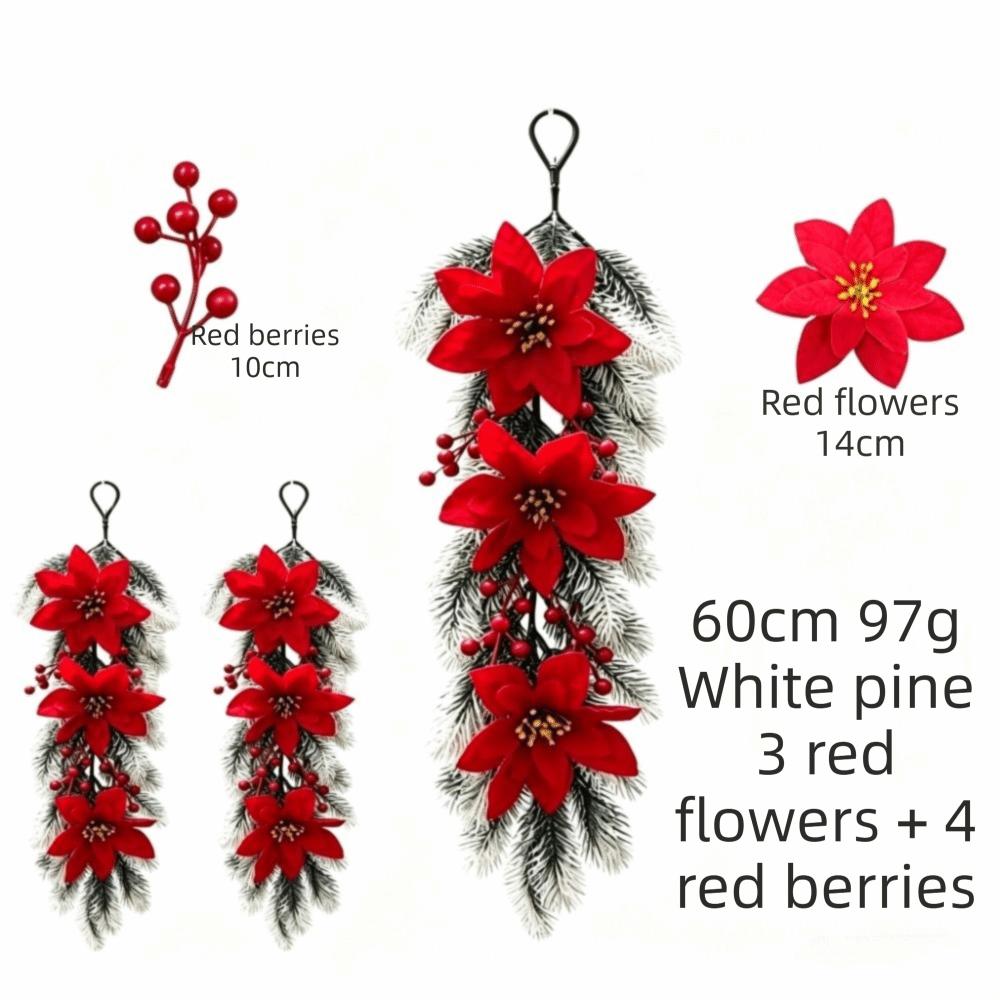 Door Decoration Wall-Mounted Christmas Hanging Vine Hanging Red Berries Poinsettia Flower Faux Flower Door Hanging Home Party