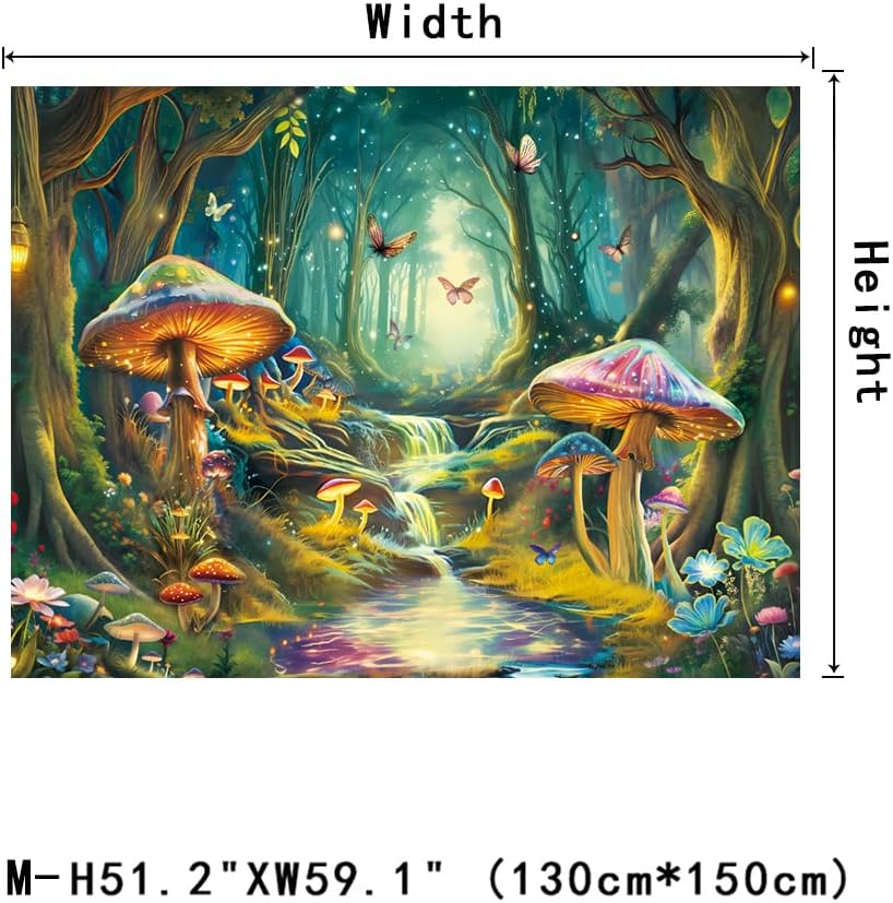 Blacklight Mushroom Tapestry UV Reactive Misty Forest Landscape Tapestry Fantasy Fairy Wonderland Butterflies Wall Hanging Water