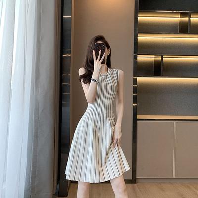 Summer Premium Round Neck Sleeveless Knitted Dress Vertical Stripe A Line Skirt Ice Silk Thin Waist Cinching Dress for Women