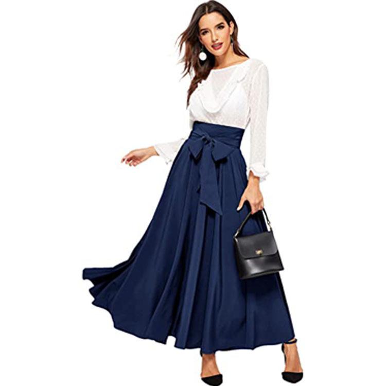 Women's High Waist Bow Tie Maxi Skirt Solid Color A Line Flowy Elegant Casual Work Party Skirts
