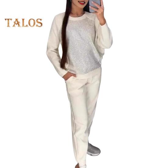 2 Teile/satz Frauen Top Hosen Anzug Strass Dekor O Hals Langen Ärmeln Patchwork Sport Sweatshirt Elastische Taille Hose Fitness Outfit Herbst frühling