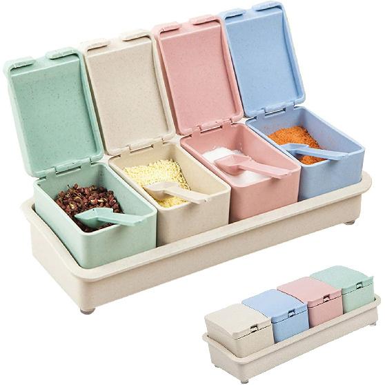 Condiment Containers with Lid and Spoon,Seasoning Box Condiment Jars with Spoons Seasoning Container for Kitchen and Home,Multicolors,Rice husk