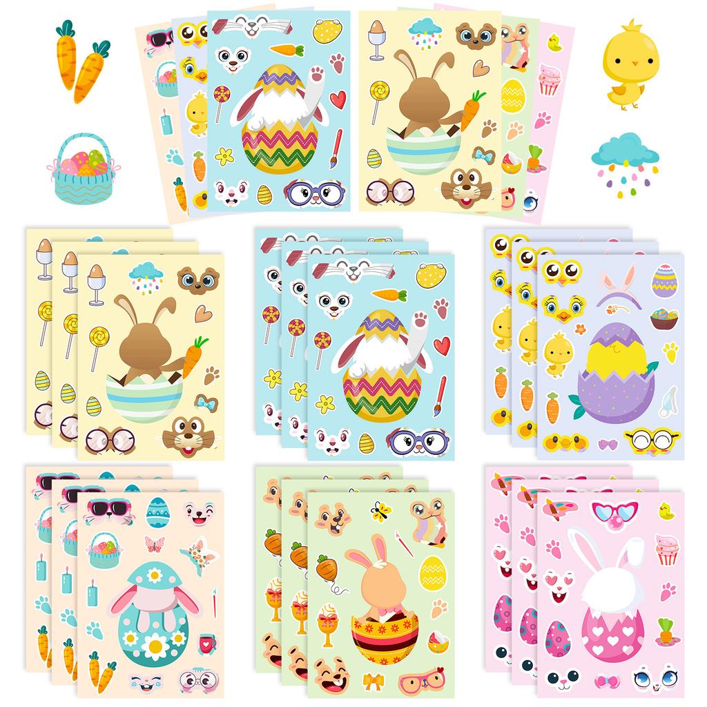 6 Photos/pack Rabbit Egg Puzzle Stickers Cartoon Cute Style Children's Puzzle Can Be Repeatedly Posted DIY Face-changing Stickers