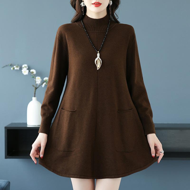 Large-sized Half Turtleneck Sweater Loose and Casual Mid-length Pullover for Women Solid-color A-line Knitted Dress