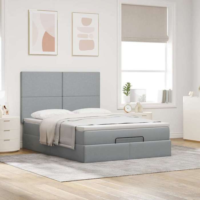 Cadre de lit ottoman - 140x190 cm - Matelas inclus - Rangement sous le lit - Tissu gris clair