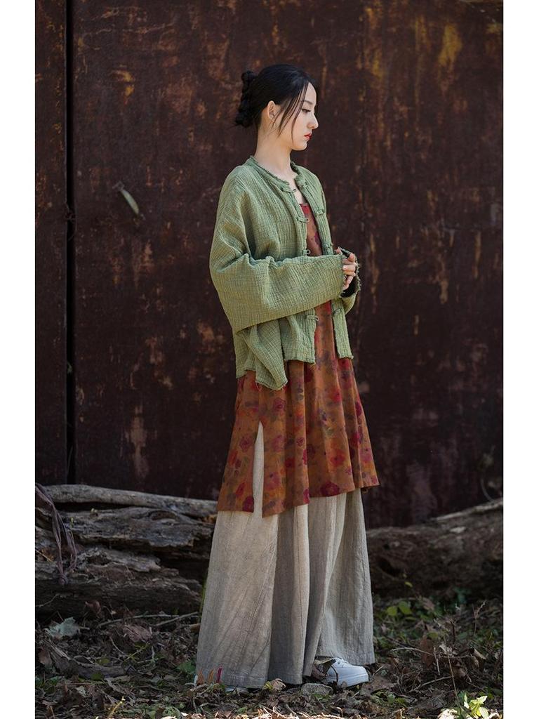 Women's Spring Cotton Linen Jacket - Wrinkled Texture, Over-dyed, Distressed, Perfect for Home, Travel, Zen Meditation