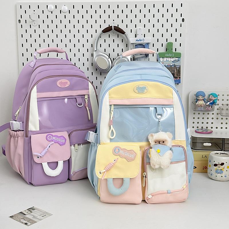 Junior high school student schoolbag college wind large capacity female contrasting color design small fresh backpack cute girl backpack pain bag