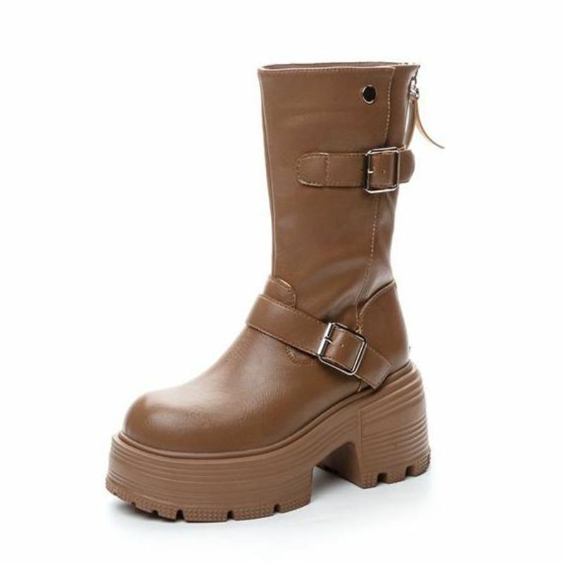 Stivaletti 2025 da Donna Autunno e Inverno Nuovo Modello Suola Spessa Rialzanti Zip Stivali da Motociclista