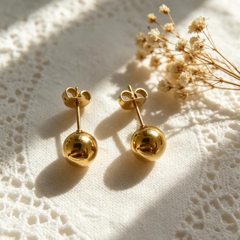Gold-Electroplated Round Bead Stud Earrings with 6/4mm Bean Shape and Pendant, DIY Stainless Steel Post, Includes Earring Backs.